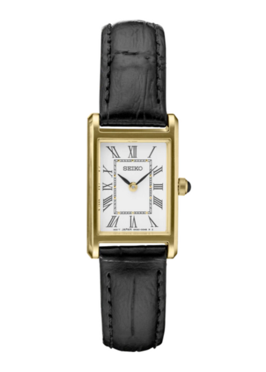 The Seiko Watch - Essentials - SWR054 features a rectangular gold-tone stainless steel case, white dial with black Roman numerals, black leather strap, and a single crown—showcasing Seiko’s simple, classic design.