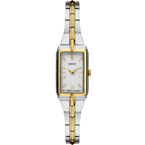 The Seiko Watch - Essentials Collection - SWR044 features a rectangular white dial, gold hour markers and hands, a two-tone gold and silver stainless steel band, and a gold crown for a sleek, jewelry-inspired look.