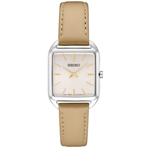 A Seiko watch with a pale pink die-stamped grid pattern dial and a beige leather strap.