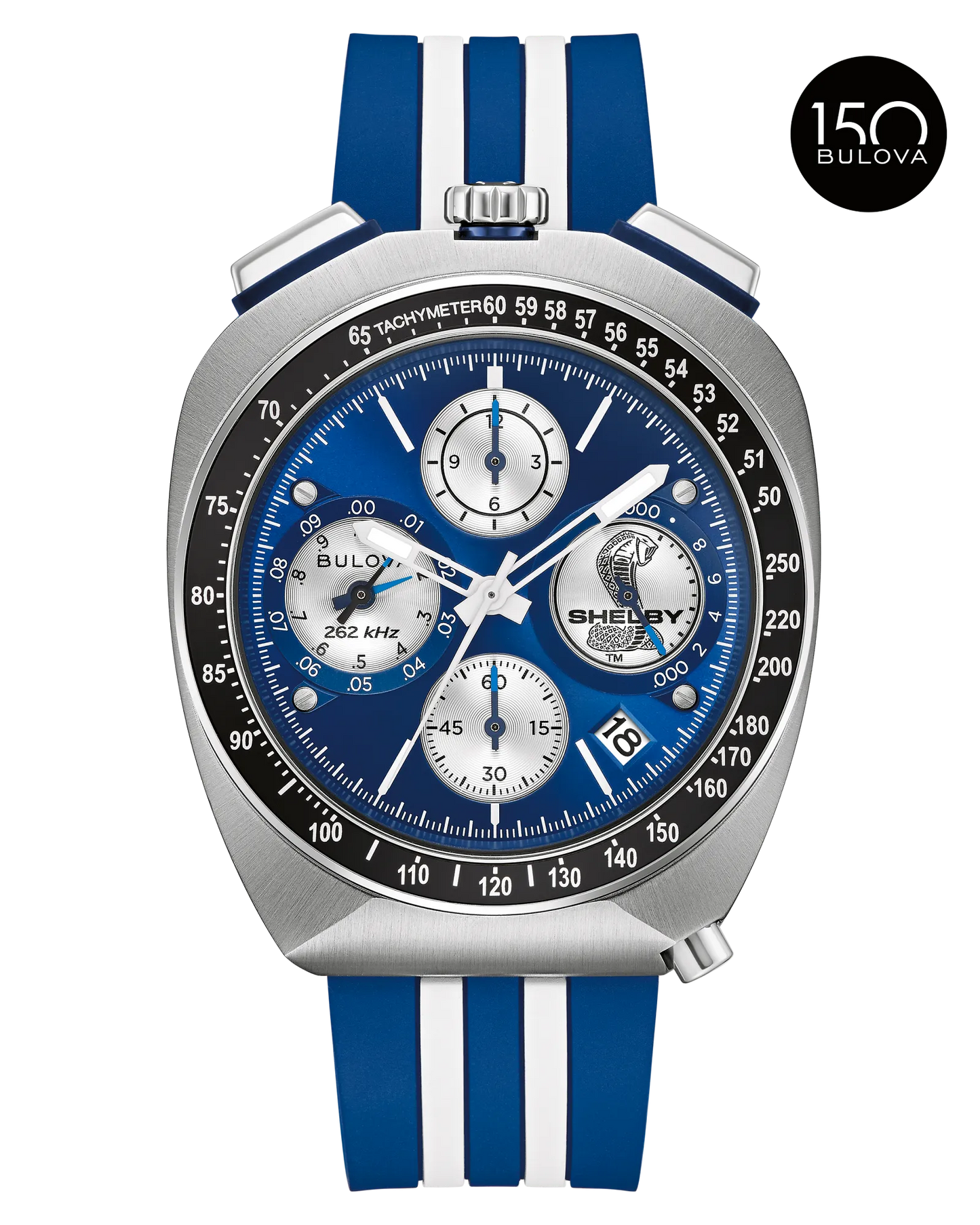 The Bulova Watch - Shelby Racing Chronograph (98B452) features a blue and silver face, three subdials, tachymeter scale, striped silicone band, Shelby Cobra logo on the dial, and 150th anniversary Bulova logo.
