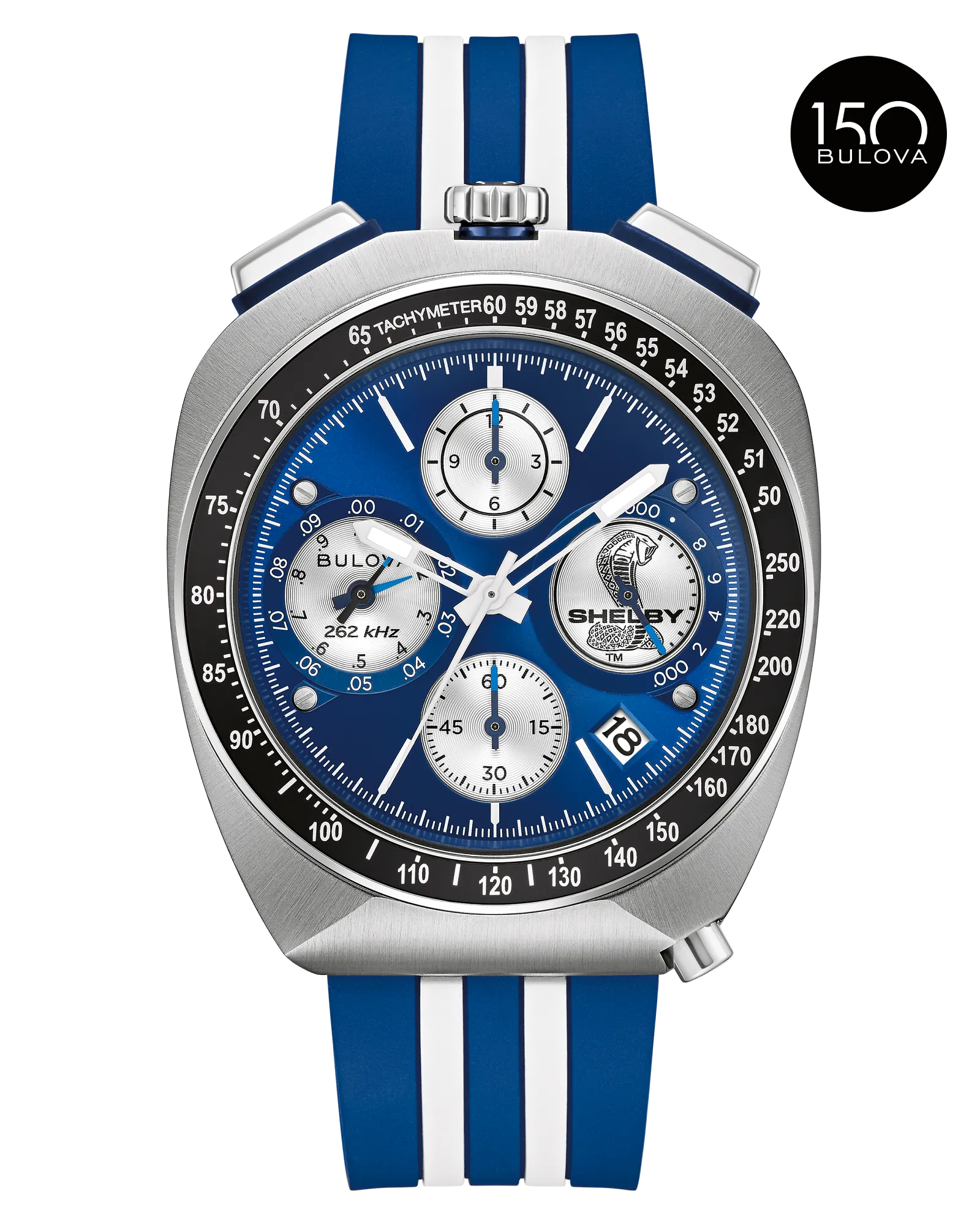 The Bulova Watch - Shelby Racing Chronograph (98B452) features a blue and silver face, three subdials, tachymeter scale, striped silicone band, Shelby Cobra logo on the dial, and 150th anniversary Bulova logo.