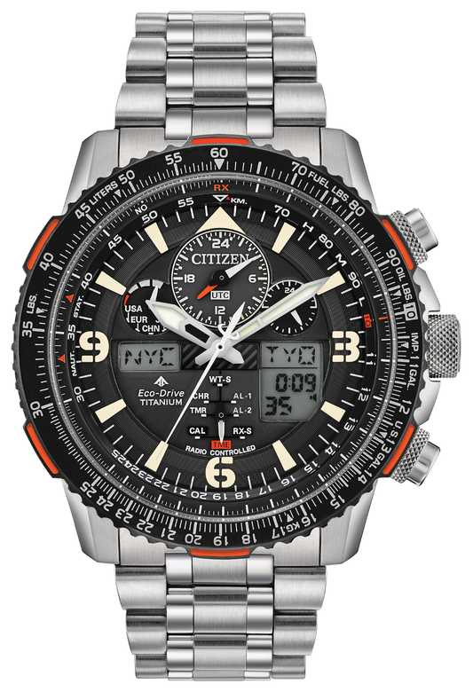 The Citizen Promaster Skyhawk JY8108-53E is a titanium watch with a black dial, analog/digital displays, multiple subdials, an orange-accented bezel, right-side buttons, and a stainless steel bracelet.