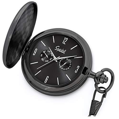 The Speidel Pocket Watch - Classic (35503122) features a black dial with white markers, two subdials, a closed cover on one side, and an attached chain. The time displayed is about 10:09.