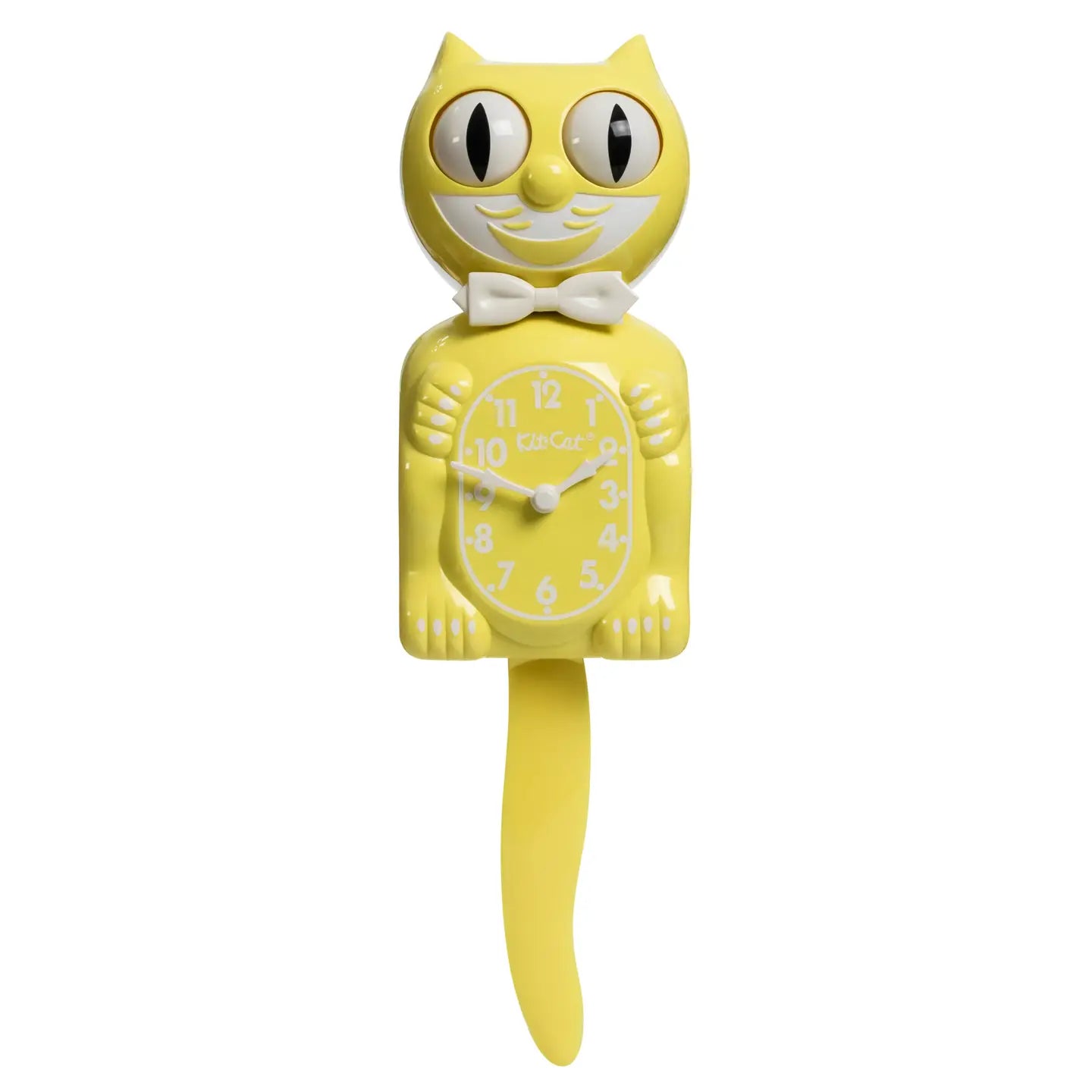 The Kit-Cat Klock - Spring Daffodil (BC-61) by California Clocks is a charming yellow, cat-shaped vintage clock featuring moving eyes and tail, a white bow tie, and a belly clock face with white numbers.
