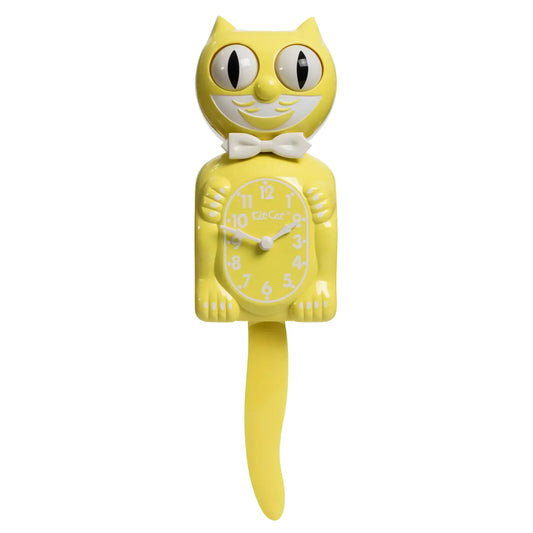 The Kit-Cat Klock - Spring Daffodil (BC-61) by California Clocks is a charming yellow, cat-shaped vintage clock featuring moving eyes and tail, a white bow tie, and a belly clock face with white numbers.