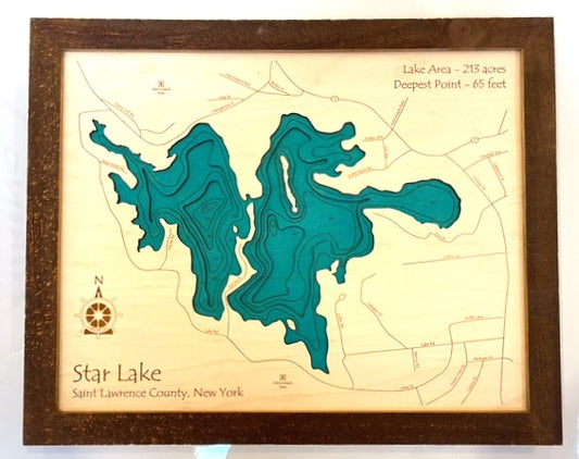 Star Lake - Laser Carved Wooden Relief Map - 14" x 18" - New York