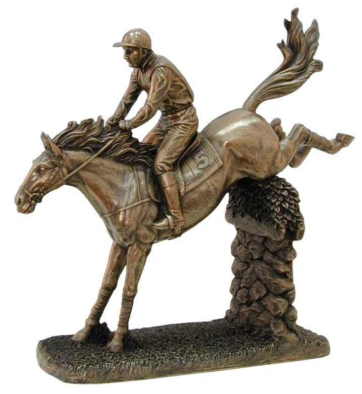 The Steampunk Horse Landing Statue (WU70808A1) by Steampunk features a jockey riding a leaping horse over an obstacle, capturing the dynamic motion of show jumping in a detailed steampunk design.
