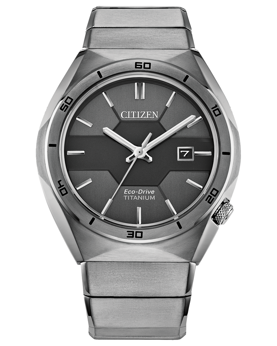 The Citizen Watch - Super Titanium Armor AW1660-51H by Citizen features a grey dial, silver hour markers, three hands, date at 3 o’clock, angular bezel with minute markings, and a sleek metallic band.