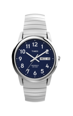 The Timex Watch Easy Reader Expansion T200319J features a silver case, navy blue dial with white numerals and hands, day-date display, and a comfortable men's expansion band.