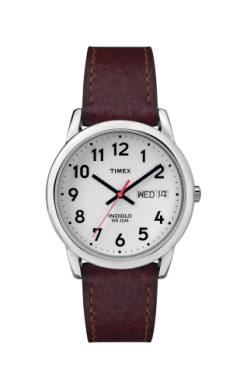 The Timex Easy Reader T200419J features a white dial with black numerals, silver case, brown leather strap, day/date display (WED 14), three hands, and INDIGLO. Brand: Timex.