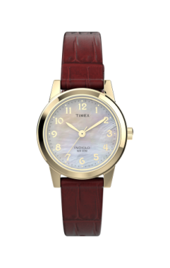The Timex Watch - Essex Ave - T216939J features a gold-tone case, mother-of-pearl dial with gold hour markers and Arabic numerals, three-hand movement, and a textured brown leather strap for timeless elegance.