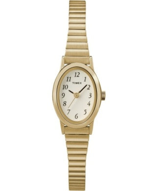 The Timex Cavatina Expansion (T218729J) is a women’s gold-tone wristwatch with an oval white face, black numerals, gold expansion band, and three-hand movement, offering a simple, classic design from Timex.