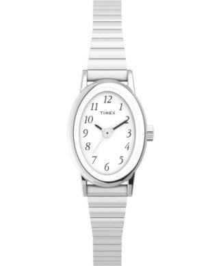 The Timex Watch - Cavatina Expansion - 21902 features a silver oval case, white face, black numerals, and a silver expansion band—blending classic Timex elegance with modern comfort. Time is displayed as approximately 1:09.