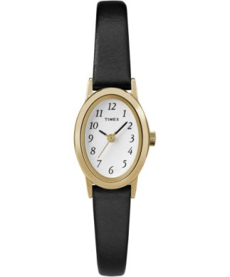 The Timex Watch - Cavatina Strap - T219129J is a women’s gold oval-faced watch with a white dial, black numerals, three hands, and a slim black strap. Classic, simple design by Timex.