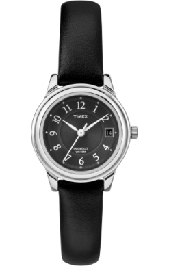 The Timex Porter Street T292919J women’s watch features a black leather strap, round silver case, black dial with white Arabic numerals, silver hands, and a date window at 3 o’clock.