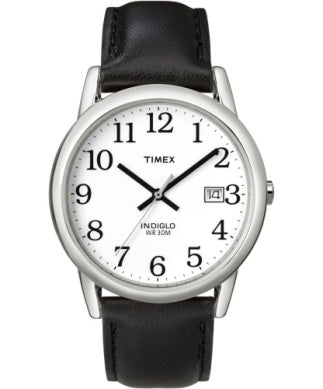 The Timex Easy Reader (T2H2819J) features a white face with black numerals, silver case, black leather strap, date at “14,” INDIGLO backlight, WR 30M, and hands showing 1:50. Brand: Timex.
