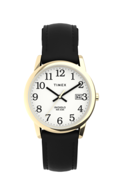 The Timex Easy Reader T2H2919J features a white face with black numerals, gold-tone casing, black leather strap, date window at 3 o’clock, and displays 10:09 with classic black hands.
