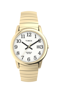 A Timex Watch - Easy Reader Expansion (T2H3019J) with a gold flexible band, white face, black numerals, and a date window showing 14. The watch displays the time as 2:43. Brand: Timex.