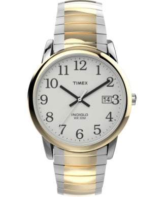 The Timex Easy Reader Expansion T2H3119J men's watch features a white dial with black Arabic numerals, a date window at 3 o’clock, and a silver and gold-tone stainless steel band. INDIGLO night-light and WR 30M are printed on the dial.