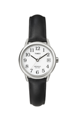 The Timex Easy Reader T2H3319J is a women's round watch with a white dial, black Arabic numerals, date window, silver case, black leather strap, and displays the time as 10:09.