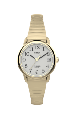 The Timex Ladies Easy Reader (model T2H3519J) features a gold-tone case, an analog white dial with black numerals and gold hands, and a date window at the 3 o’clock position. Designed for comfort with its Women’s Expansion Band, this watch displays both the Timex logo and Indiglo branding on the dial.