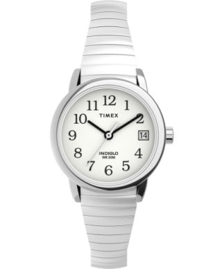 The Timex Easy Reader Expansion T2H3719J is a women’s silver watch with a white face, black numerals, quartz analog movement, date window at 3 o’clock, INDIGLO night-light, WR 30M and stainless steel expansion band.