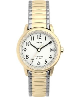 The Timex Easy Reader T2H3819J features a white dial, black Arabic numerals, gold-tone case, silver and gold stainless steel expansion band, and displays the date at 3 o’clock for added convenience.
