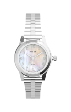 Timex Watch - Ladies’ Essex Avenue - T2M8269J featuring a mother-of-pearl dial, numeral hour markers, and a stainless steel metal link bracelet.
