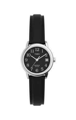 The Timex Watch - Easy Reader - T2N5259J by Timex is displayed on a white background, featuring a round face, silver bezel, white numerals, date display, and black leather strap.