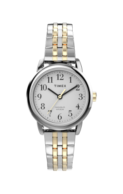 The Timex Easy Reader T2P2989J features a round white dial with black numerals, silver watch hands, a two-tone silver and gold metal band, and the Timex logo below 12 for a classic look.