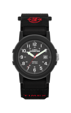 A Timex Expedition Camper T400119J watch with a black round face, white numerals, date window, and a black fabric strap with red Timex logo.