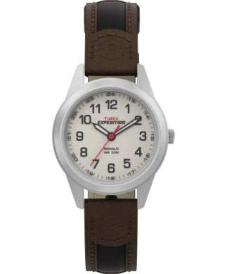 The Timex Expedition Field Mini (T411819J) features a round silver case, white dial with black hour markers, brown and black leather strap, and "Expedition" in red on the face. Classic style from Timex.