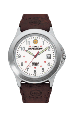 The Timex Watch - Field - T443819J by Timex features a brown leather strap, white face, black numerals, red 24-hour markers, date display, silver bezel, and bold hands for easy reading. This men's quartz analog watch combines style and function.