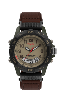 The Timex Expedition T451819J wristwatch by Timex features a brown nylon strap, beige dial, bold white hour and minute hands, red second hand, and a digital display showing 10:09:36.