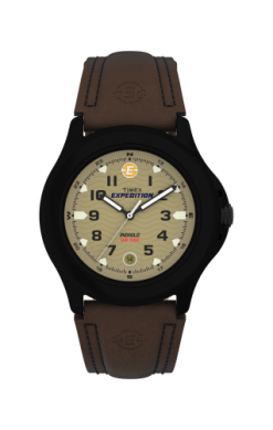 The Timex Watch - Expedition Metal Field - T470129J is an analog watch with a beige dial, black numerals, black hands, brown leather strap with black stitching, Expedition branding, and a black case. Brand: Timex.