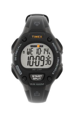 A Timex Ironman C30 T5E9619J digital sports watch displays Wed 10-14 and 10:09:36 AM, with split, stop/reset, and Indiglo buttons.