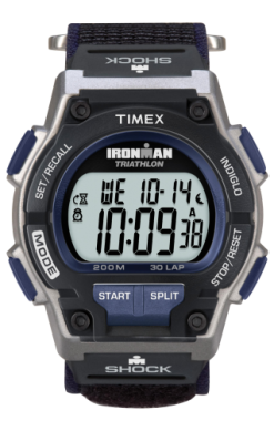 The Timex Ironman Original (model T5K1989J) digital wristwatch displays 10:09:38, Wednesday, October 14, and features labeled mode, set/recall, start, split, stop/reset buttons plus an Indiglo backlight.