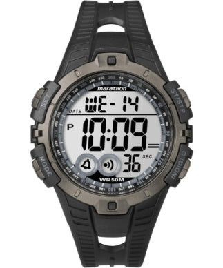 Timex Marathon Digital Watch (T5K8029J) features a black and grey case, black rubber strap, large digital display with time (10:09), weekday, date, alarm, seconds, "marathon" label, and is water resistant to 50M. Brand: Timex.