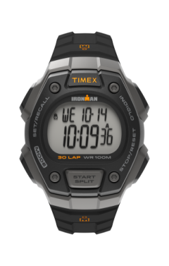 The Timex Watch - Ironman Classic (T5K8219J) by Timex features a black and gray design, is water resistant up to 100 meters, displays 10:09:36 AM and Wednesday 10-14, and has labeled buttons for start/split, stop/reset, and set/recall.