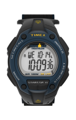 The Timex IRONMAN Classic 30 (model T5K4139J) men’s digital watch by Timex displays the time as 10:09:36 and the date as Wednesday, October 14. This watch features a blue and black casing, multiple buttons, and is water resistant up to 100 meters.