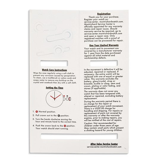 White instruction card with black text explains care, time-setting, and warranty details for the Quality Gold Watch - Disney Toy Story Kids Green Fabric (XWA6216). Includes after-sales contacts and a simple watch crown/face diagram.