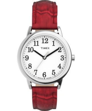 The Timex Easy Reader TW2P687009J women's watch features a white dial with black Arabic numerals, a silver case, and a red textured leather strap. The time displayed is about 7:22:05.