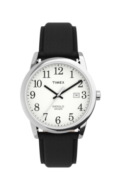 The Timex Easy Reader Classic (TW2P756009J) men's watch by Timex features a white face, black numerals, silver case, black leather strap, date display at 3 o'clock, and quartz analog hands set to 10:09.