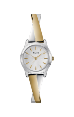 The Timex Fashion Stretch Bangle Watch (TW2R986009J) for women features a round silver dial, gold hour markers, and a two-tone band with gold and silver twisted design.