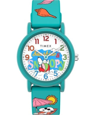 The Timex Watch - Peanuts Weekender (TW2V78500JT) features Snoopy at the beach on a teal strap with sea shells, playful “Surf’s Up & SNOOPY” text, red hour numbers, and is part of the Timex Peanuts collection.