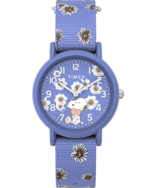 The Timex Watch - Peanuts Weekender (model TW2W33500JT) features a blue face with Snoopy hugging a heart, white hands and numbers, a floral strap, and is part of the playful Timex Peanuts Weekender collection.
