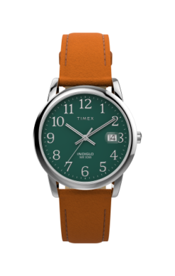 The Timex Easy Reader Classic (TW2W54600JT) features a brown leather strap, green dial, silver case, white numerals, date display, INDIGLO backlight, and WR 30M. The time shown is 1:53:25.