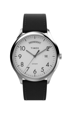 The Timex Watch - Modern Easy Reader (TW2W683009J) by Timex features a black leather strap, silver case, white dial with bold black numerals, and displays the day and date for easy everyday style.
