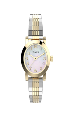 The Timex Cavatina TW2W700009J features a round gold-tone case, white mother-of-pearl dial with gold Arabic numerals, and a two-tone silver and gold metal link bracelet.