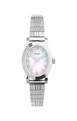 The Timex Watch - Cavatina Expansion - TW2W702009J features a silver metal link band, an oval white mother-of-pearl dial, and silver numerals and hands—a stylish addition from Timex.